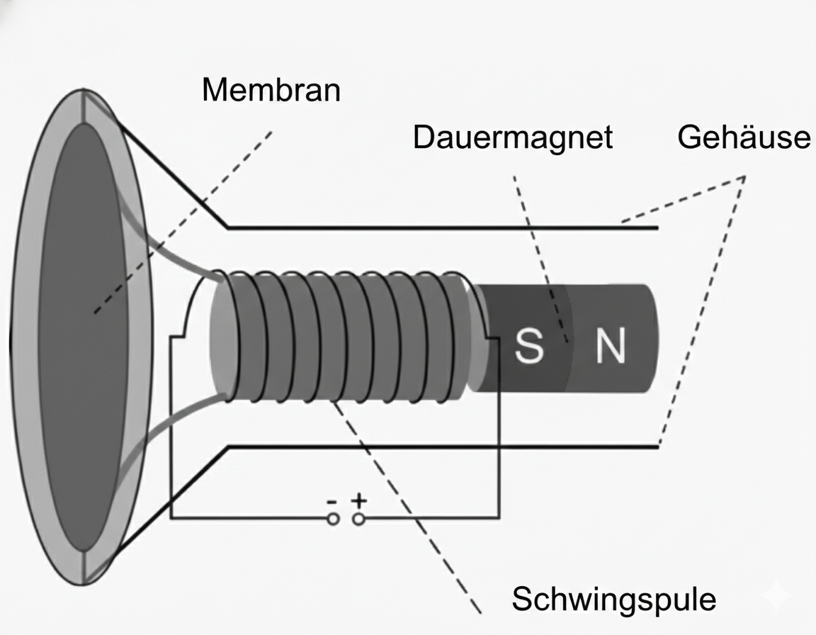 Schematische Darstellung eines Lautsprechers mit Membran, Schwingspule, Dauermagnet und Gehäuse.