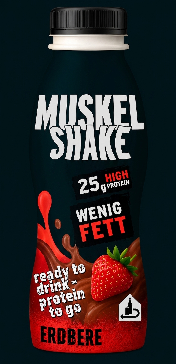 Weiße Flasche mit Schrift "Muskel Shake", Erdbeergeschmack, 25g Protein, wenig Fett