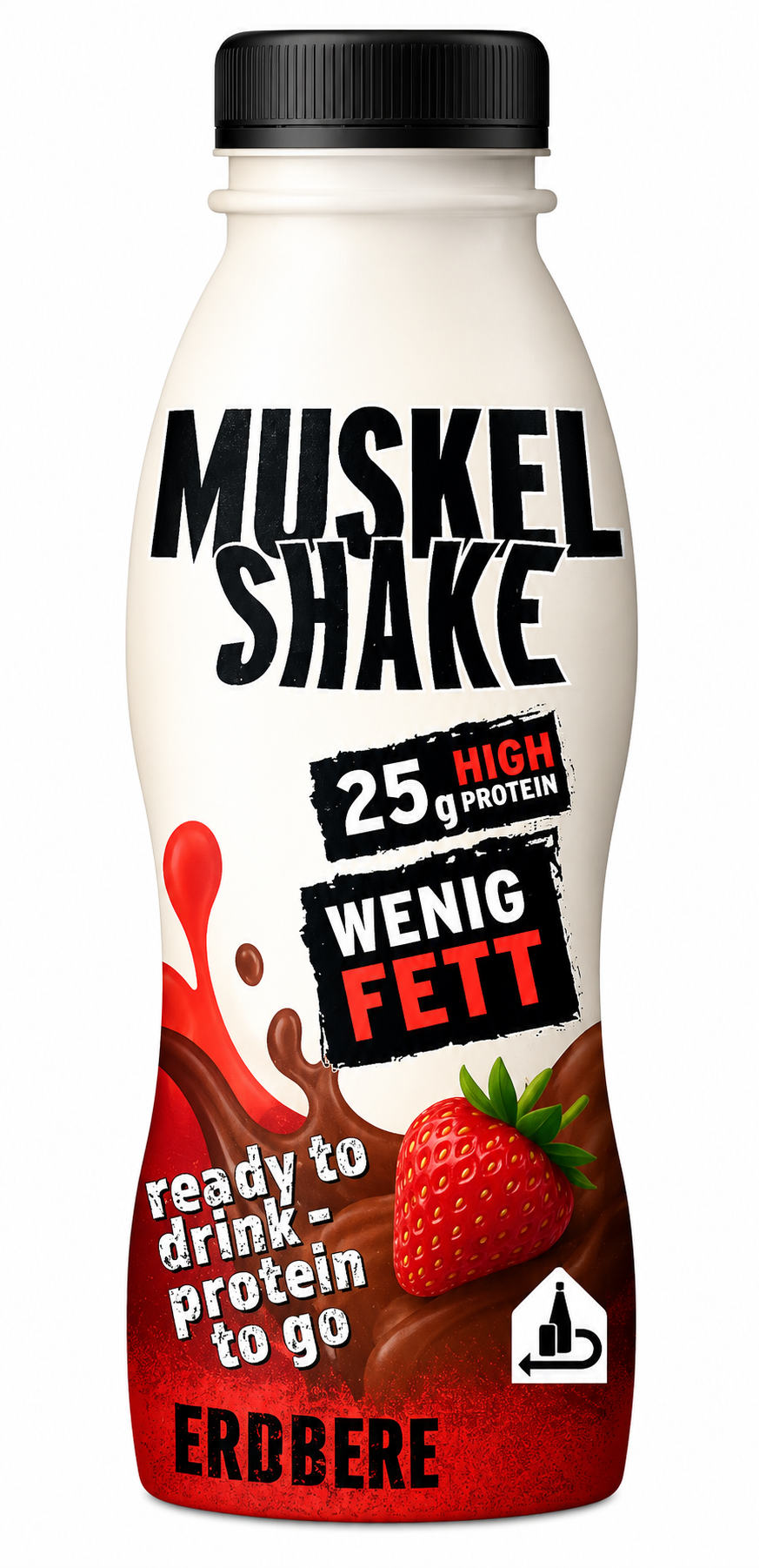 Weiße Flasche mit Schrift "Muskel Shake", Erdbeergeschmack, 25g Protein, wenig Fett