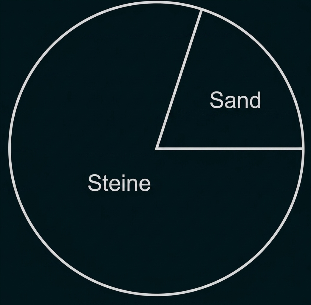 Kreisdiagramm mit kleinem Sand-Segment oben rechts und großem Steine-Bereich
