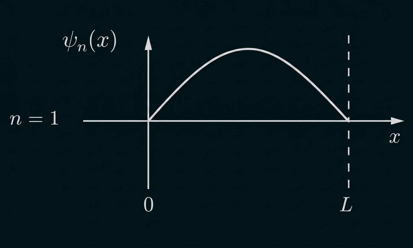 Graph von ψ_n(x) (n=1): gebogene Kurve, beginnt bei 0, steigt an und fällt wieder zu 0 bei x = L.