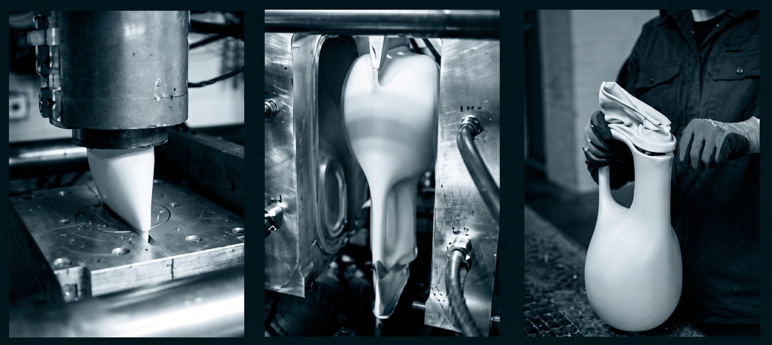 Drei Bilder: Produktionsschritte einer weißen Kanne – Gießen, Form mit Rohling, fertige Kanne wird gehalten