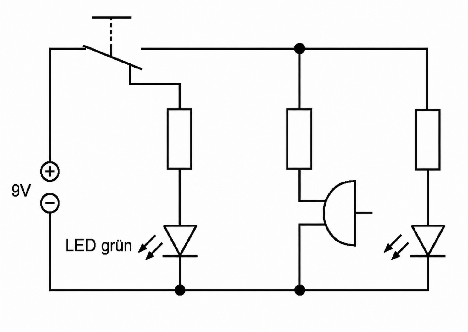 Schaltplan mit 9V-Batterie, Schalter, Widerständen, grüner LED und Summer
