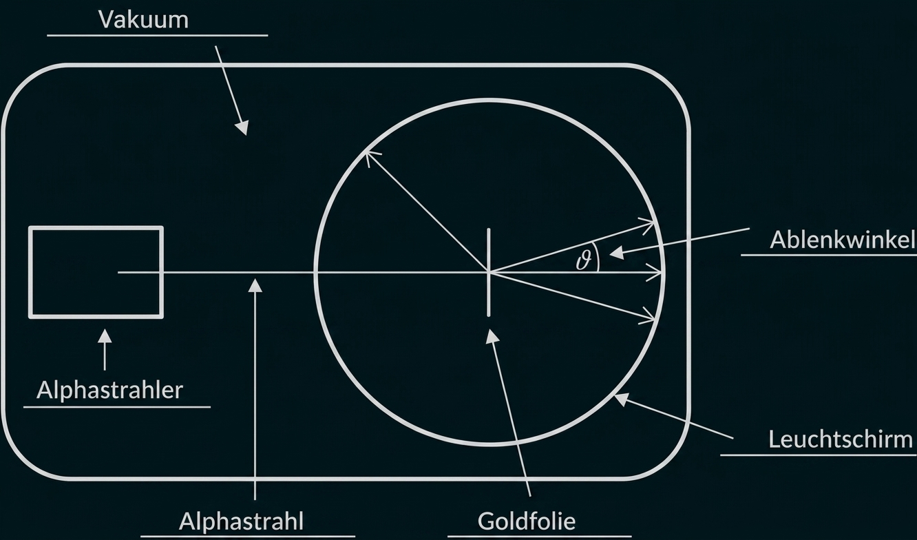 Schematische Darstellung des Rutherfordschen Streuexperiments mit Alphastrahl, Goldfolie und Leuchtschirm