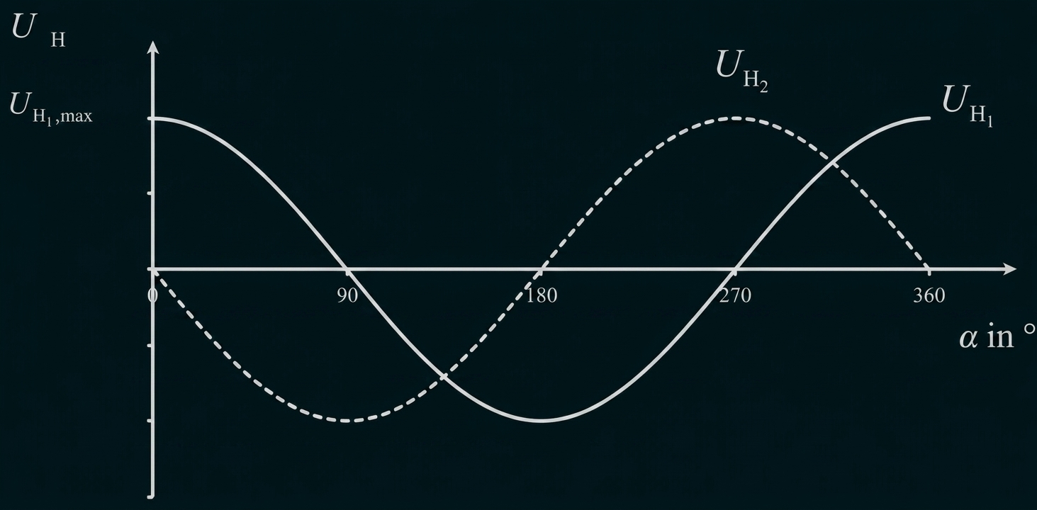Diagramm zweier phasenverschobener sinusförmiger Spannungen U_H1 (durchgezogen) und U_H2 (gestrichelt) gegen Winkel α (°).