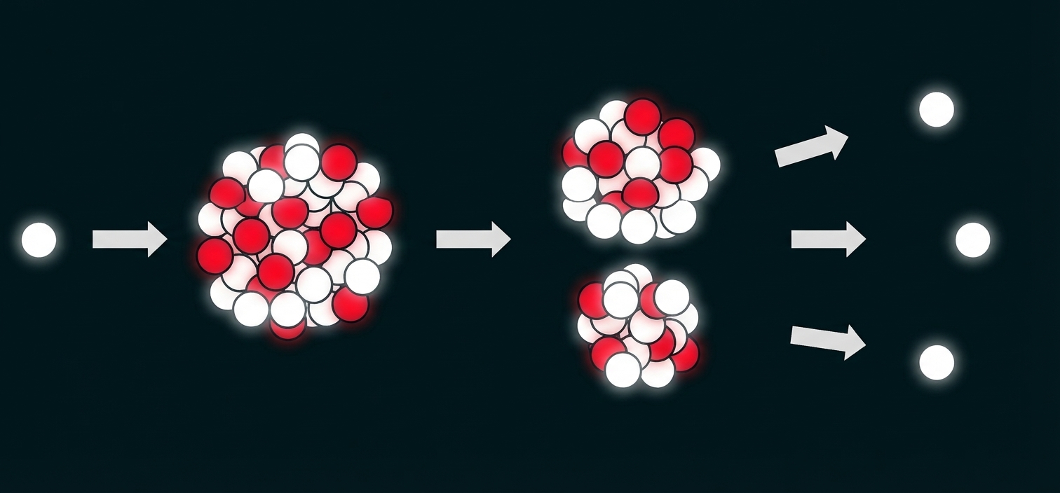 Illustration der Kernspaltung: Neutron trifft Kern, dieser spaltet sich in zwei Fragmente und weitere Neutronen.