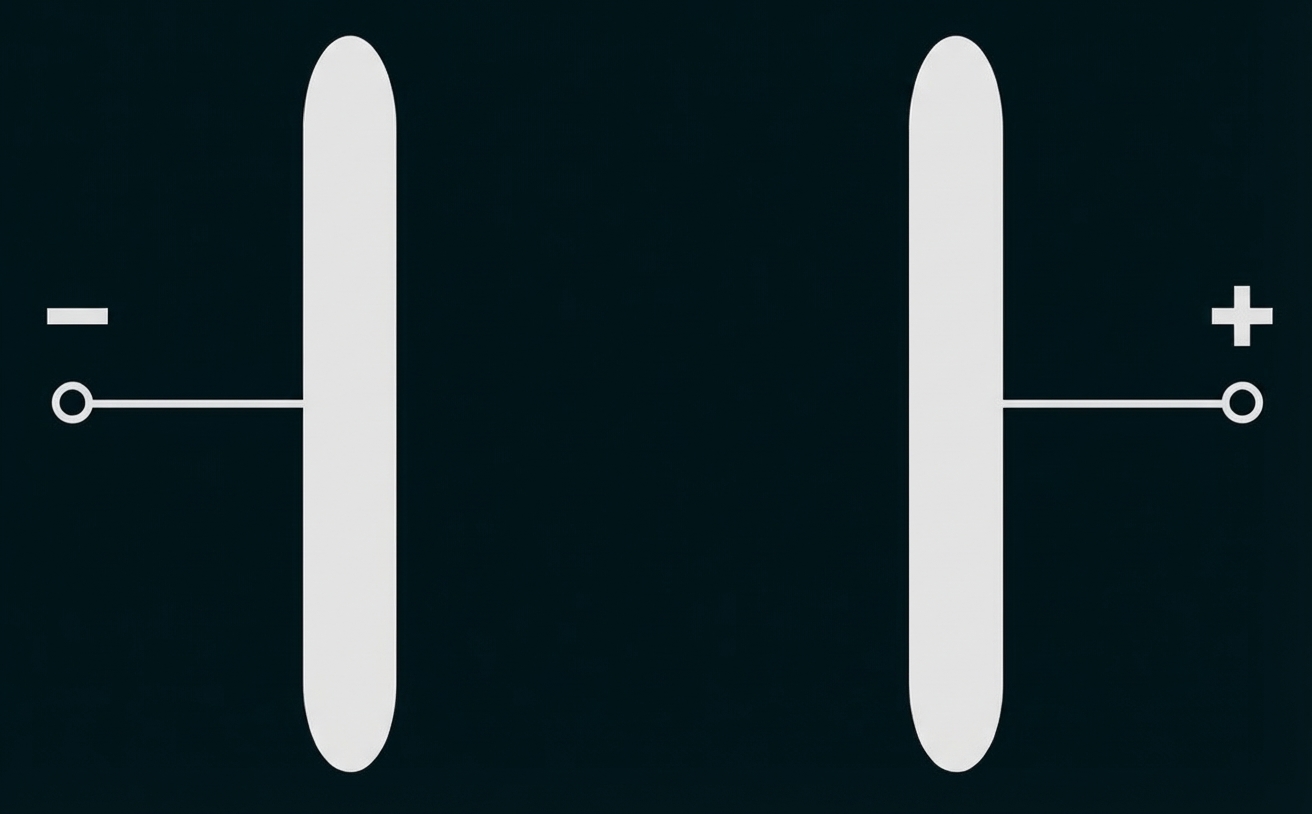 Zwei vertikale Platten mit seitlichen Anschlüssen, links Minuszeichen, rechts Pluszeichen