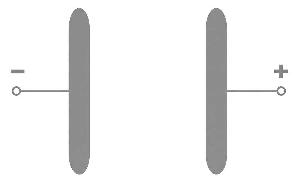 Zwei vertikale Platten mit seitlichen Anschlüssen, links Minuszeichen, rechts Pluszeichen