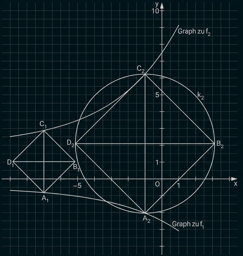 Mathematische Zeichnung mit Koordinatensystem, Kreis und eingezeichneten Geraden und Punkten.
