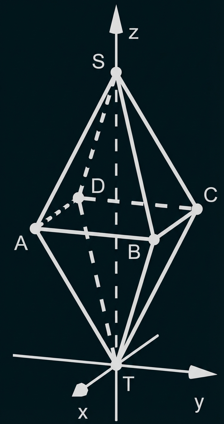 Schematische Doppelpyramide mit Koordinatenachsen x, y, z und markierten Punkten A, B, C, S, T, D