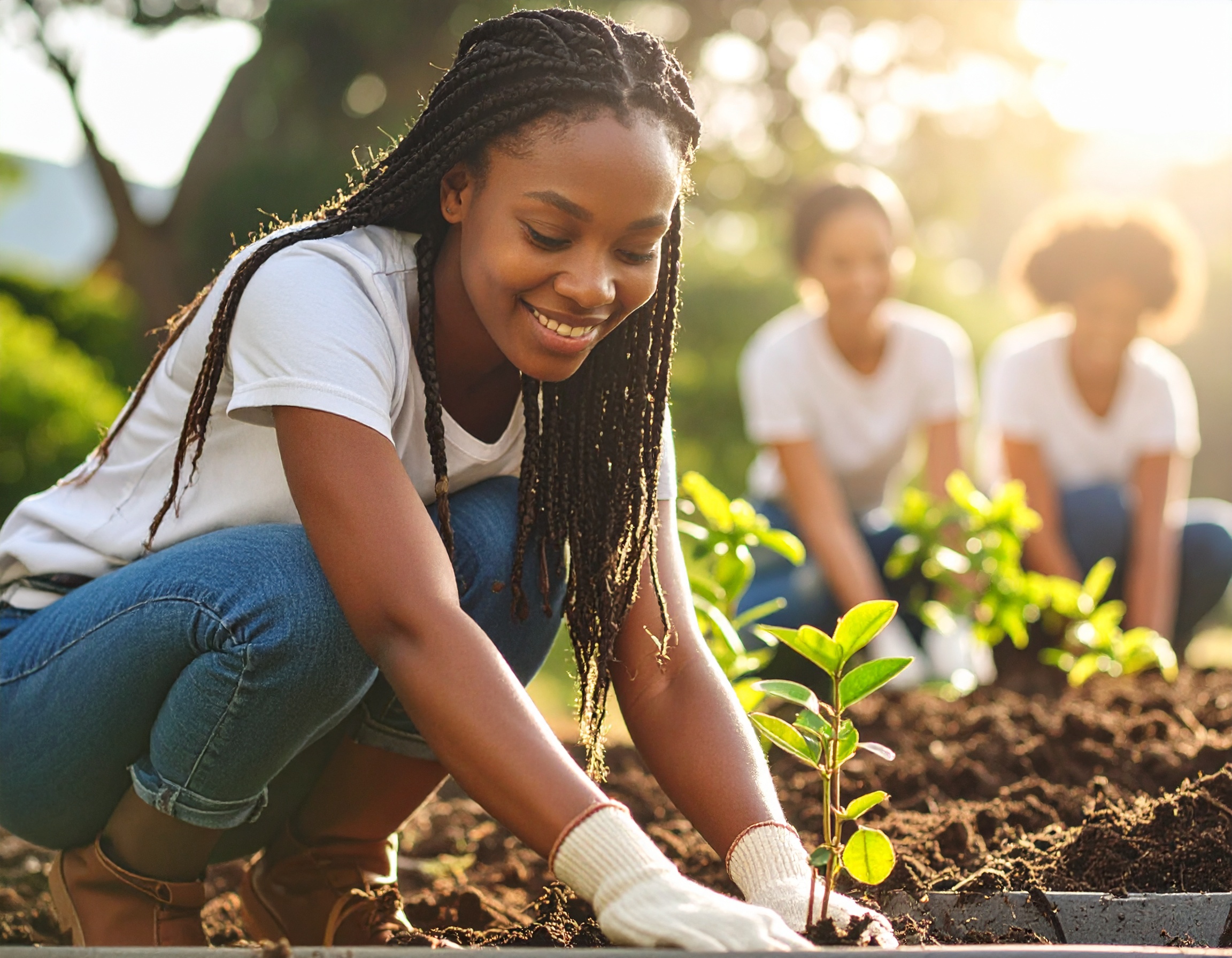 Eine Gruppe von Menschen pflanzt Pflanzen im Freien, während die Sonne scheint. Freude und Gemeinschaft stehen im Vordergrund.