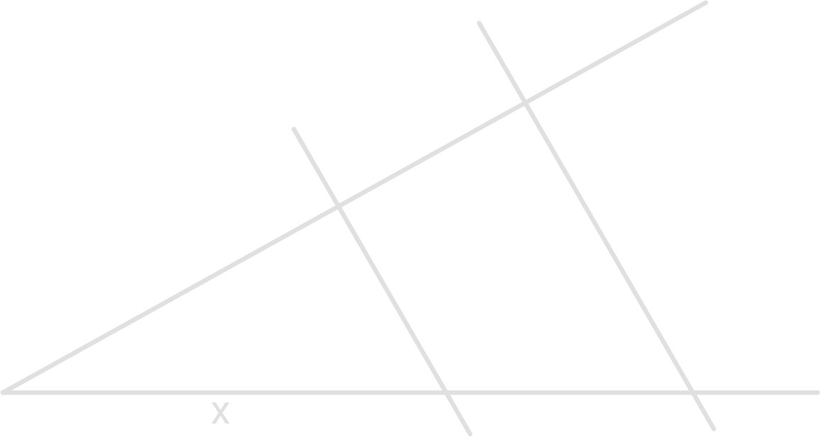 Geometrische Skizze: waagerechte Grundlinie mit "x", eine schräge Seite und zwei parallele schräge Linien, die sie schneiden.