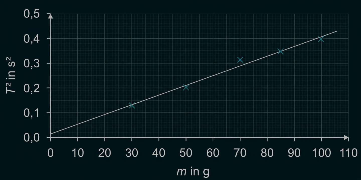 Diagramm mit T² in s² über der Masse m in g, Messpunkten und ansteigender Ausgleichsgerade.