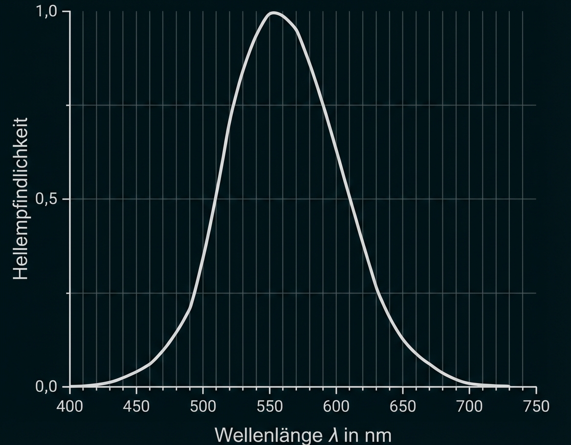 Diagramm: Hellempfindlichkeit gegen Wellenlänge (400–750 nm), glockenförmige Kurve mit Maximum bei ca. 555 nm.