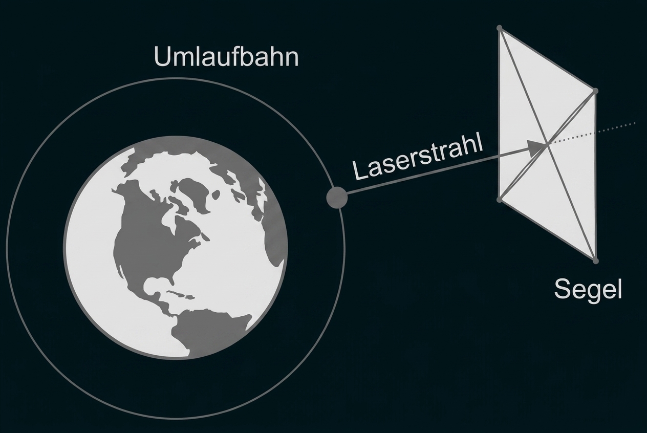 Diagramm: Erde mit Umlaufbahn, Laserstrahl trifft auf ein Raumsegel