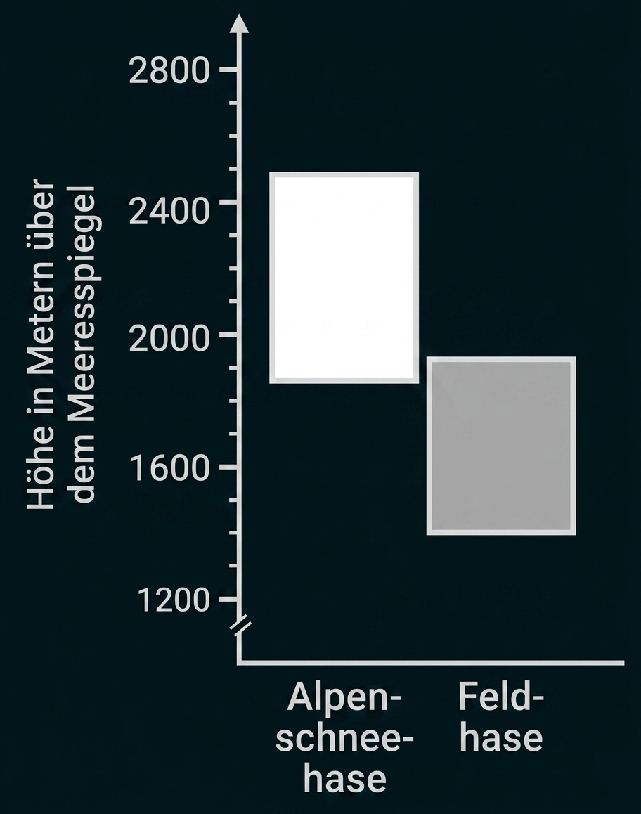 Diagramm mit zwei Höhenbereichen: Alpenschneehase höher gelegen, Feldhase tiefer gelegen über dem Meeresspiegel