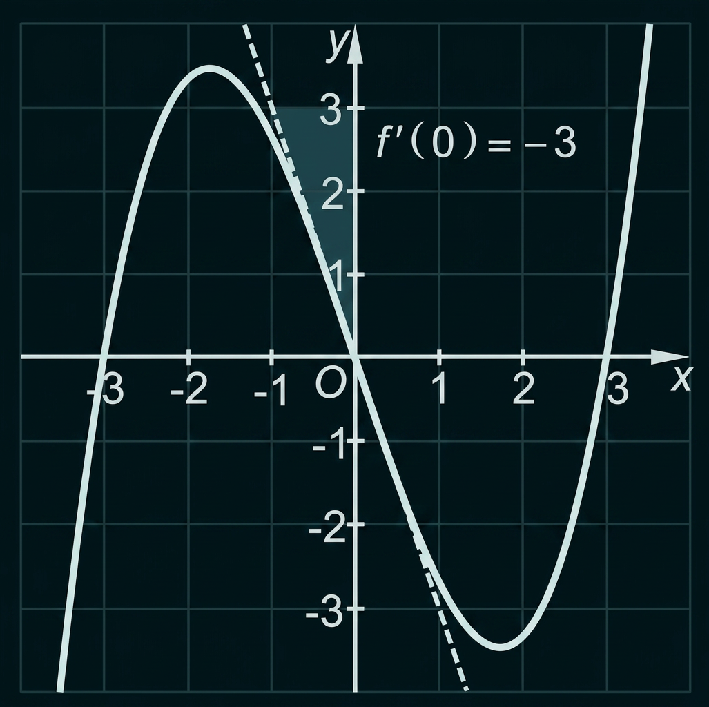 Graph einer kubischen Funktion mit fallender Tangente im Ursprung und f′(0) = −3.