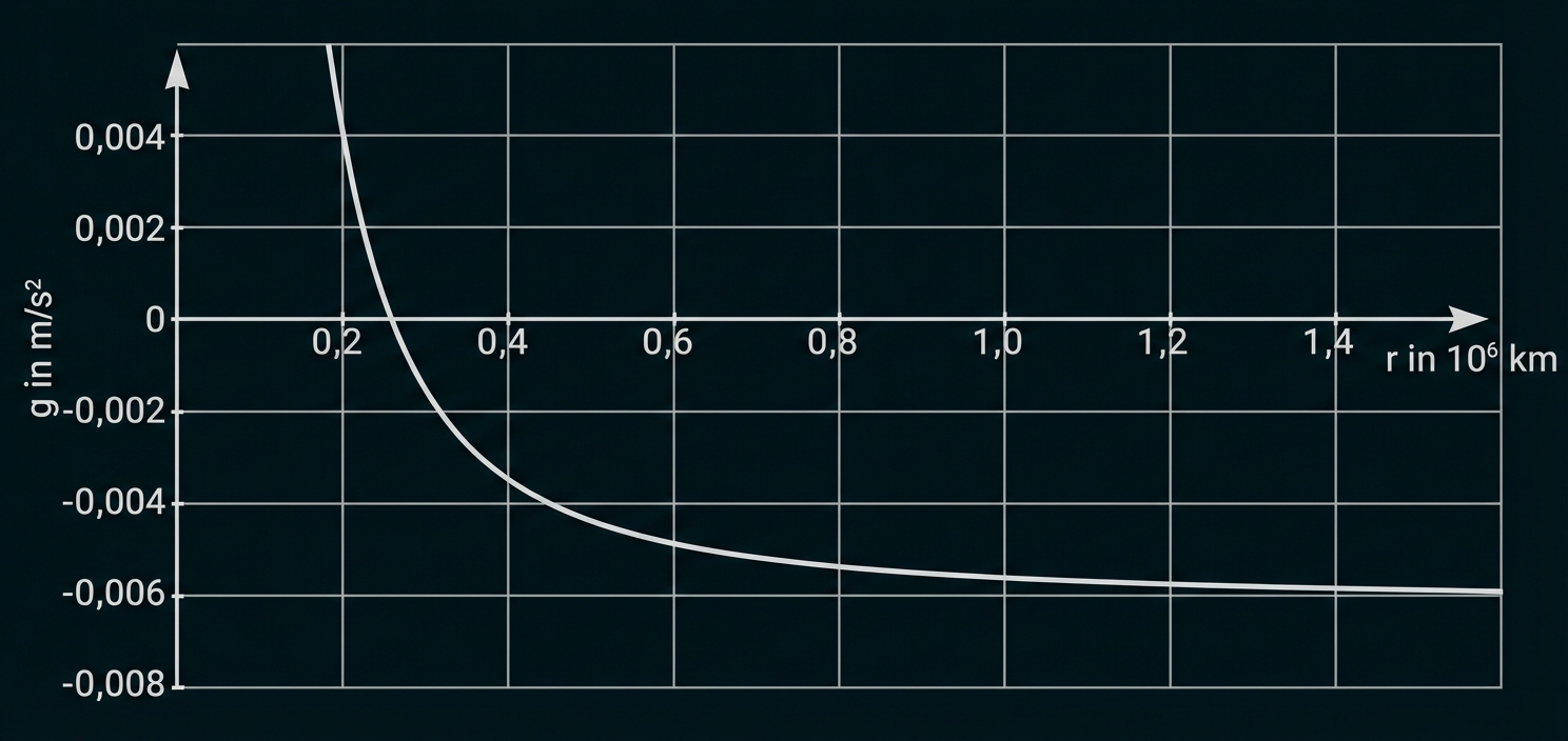 Diagramm: Fallende Kurve der Beschleunigung g (m/s²) in Abhängigkeit vom Abstand r (in 10^6 km)