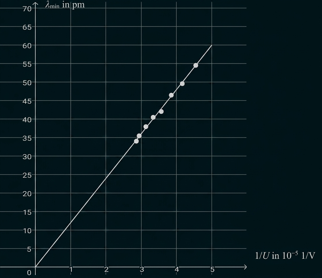 Diagramm: Punktsatz mit linearer Trendlinie, x-Achse 1/U (10^-5 1/V), y-Achse λ_min in pm.