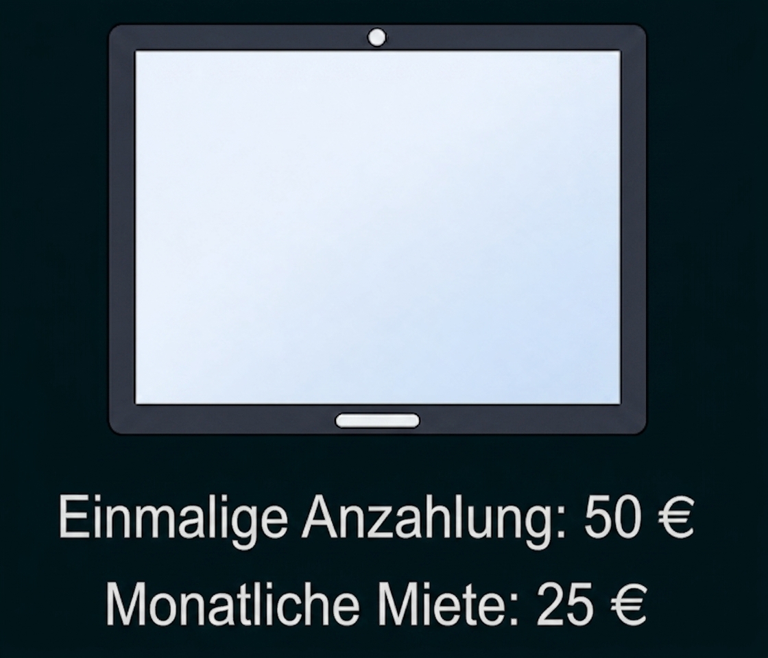 Tablet mit Preisangaben für Anzahlung und monatliche Miete