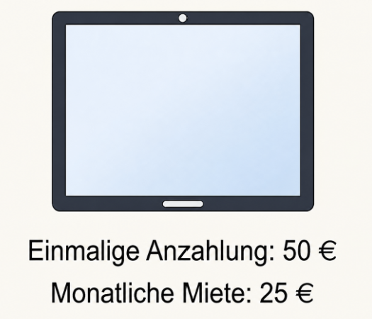Tablet mit Preisangaben für Anzahlung und monatliche Miete