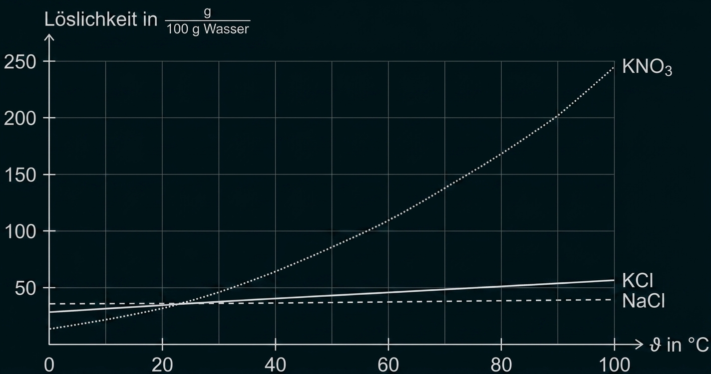 Liniendiagramm: Löslichkeit (g/100 g Wasser) vs Temperatur; KNO3 stark steigend, KCl leicht steigend, NaCl fast konstant.