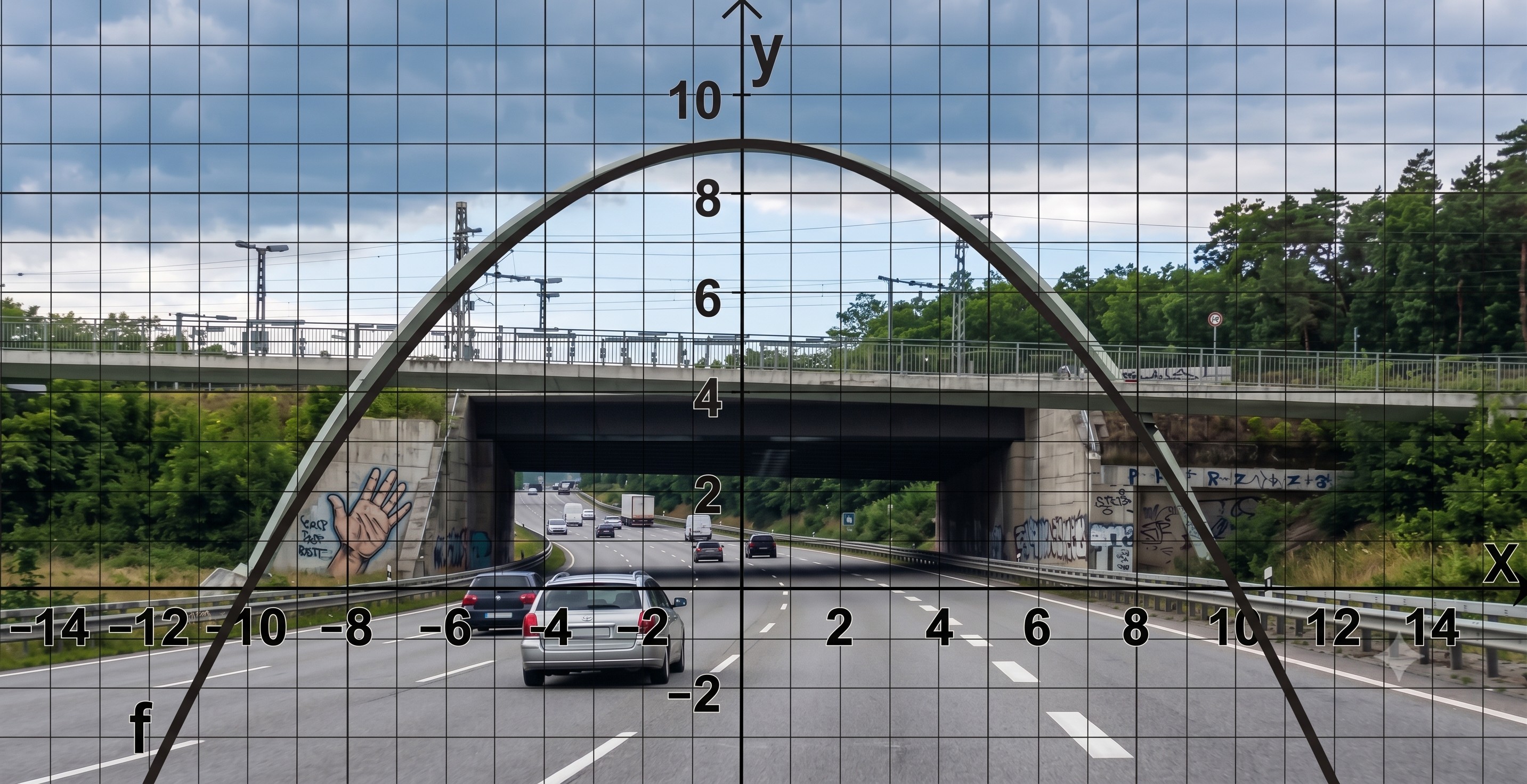Parabelgrafik über einer Autobahnbrücke mit Koordinatensystem