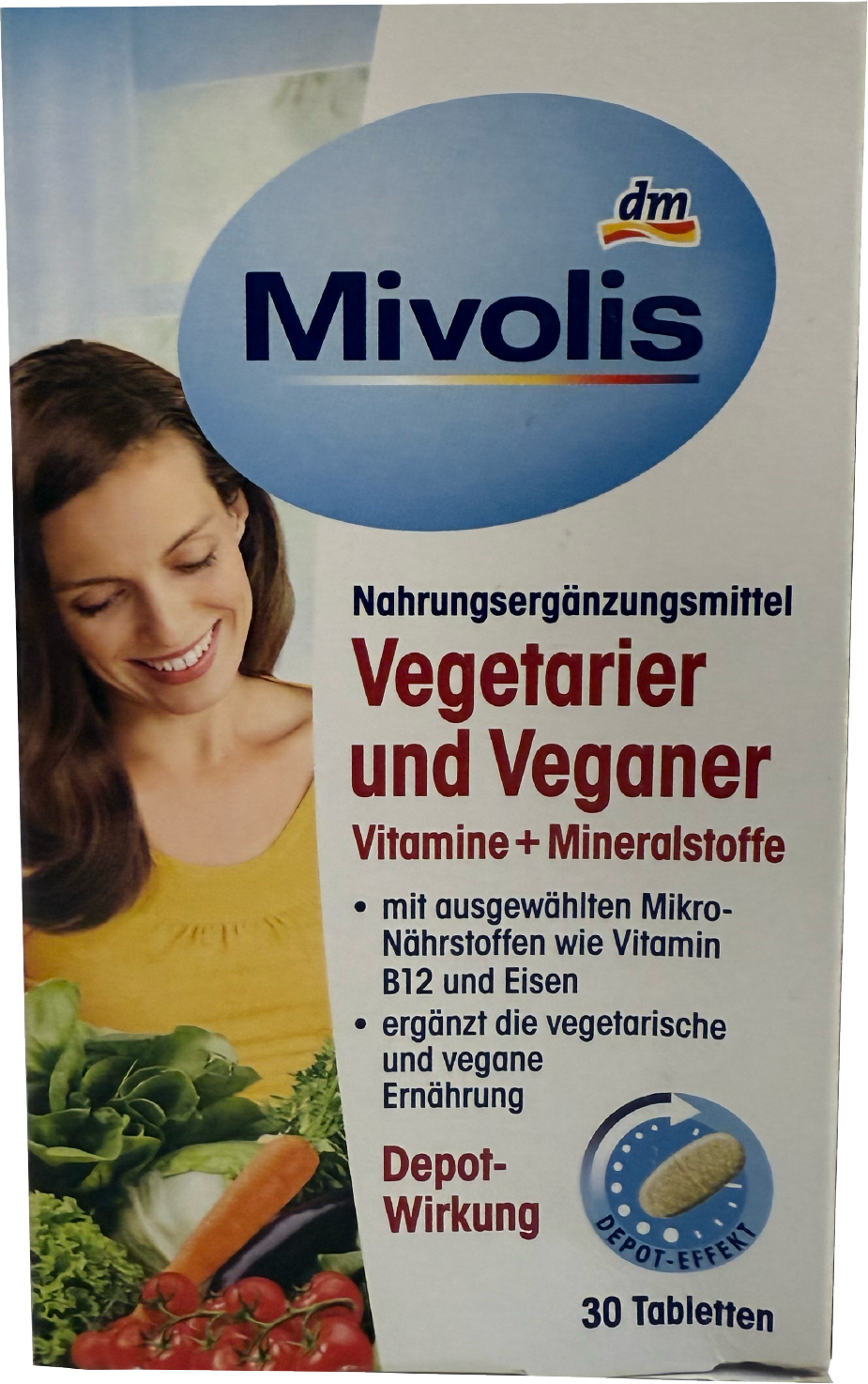 Verpackung von Mivolis Nahrungsergänzungsmitteln für Vegetarier und Veganer mit Vitaminen und Mineralstoffen.