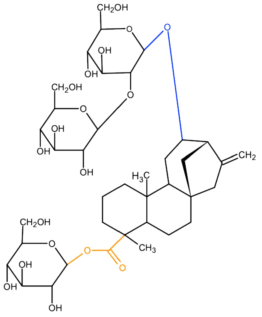 Strukturformel eines Steroid-Glykosids mit drei Zuckerresten und farbigen Bindungen (blau, orange)
