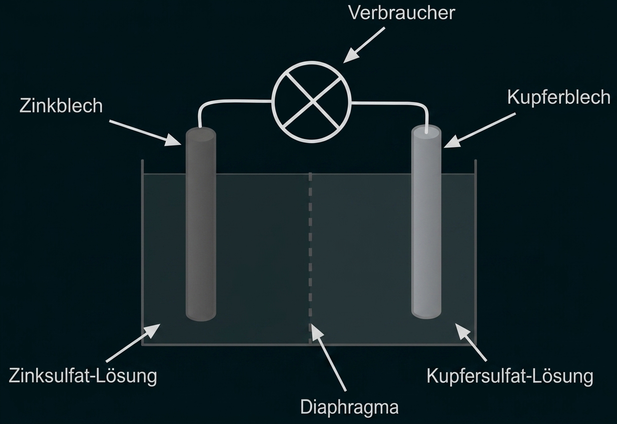 Diagramm einer Zink-Kupfer- galvanischen Zelle mit Diaphragma und angeschlossenem Verbraucher.