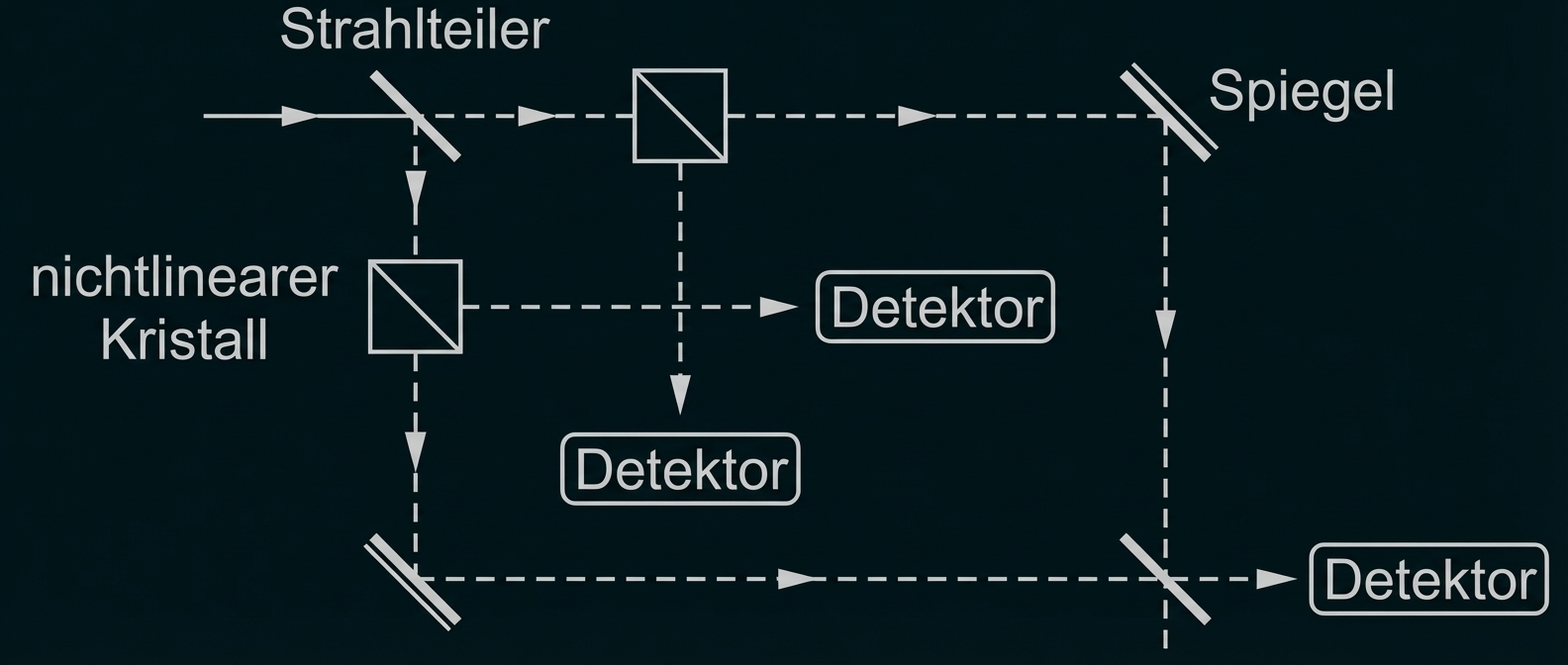 Schematische Darstellung eines Interferometers mit Strahlteilern, Spiegeln, nichtlinearem Kristall und mehreren Detektoren.