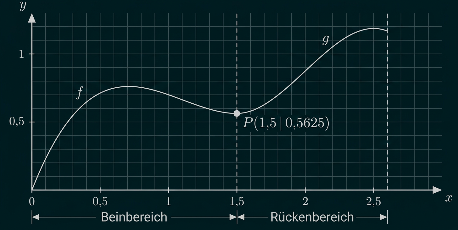 Diagramm mit den Funktionen f und g sowie markiertem Punkt P(1,5|0,5625) und Bein- und Rückenbereich.