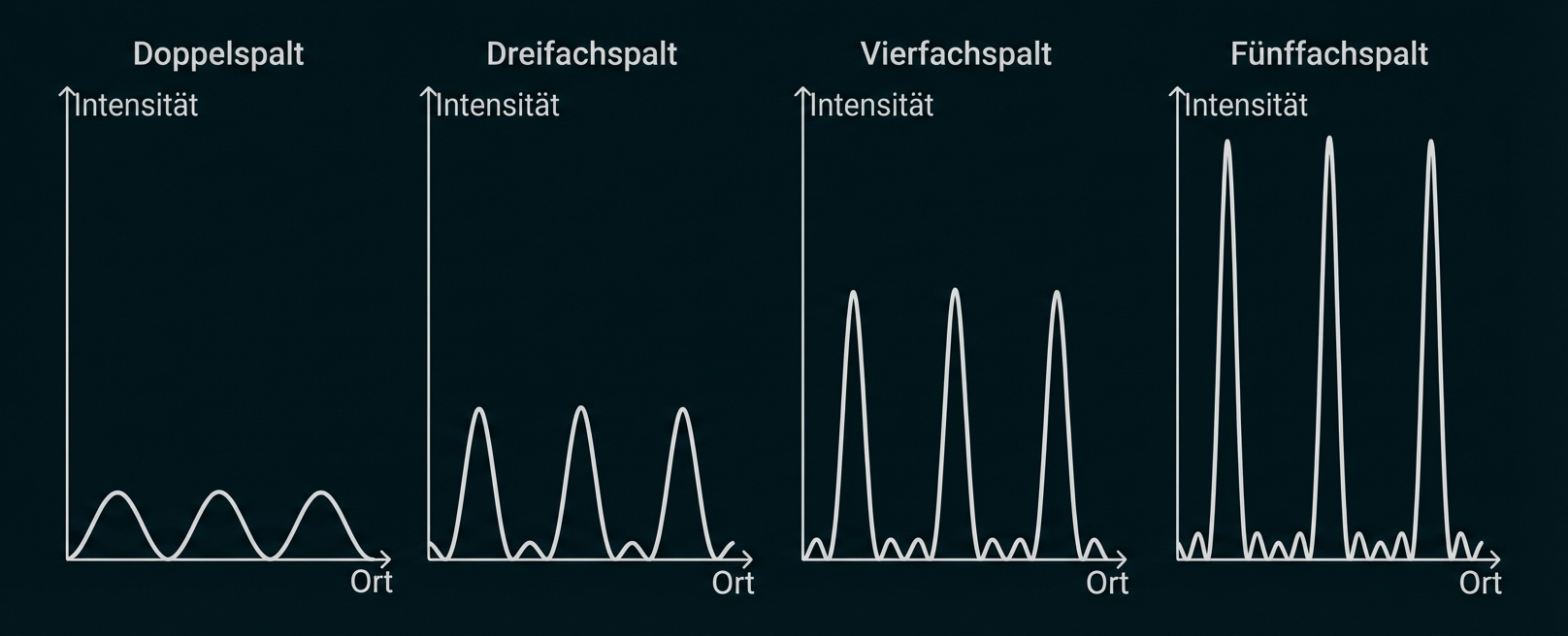 Grafik: Intensitätsdiagramme für Doppelspalt, Dreifachspalt, Vierfachspalt und Fünffachspalt in Abhängigkeit vom Ort.
