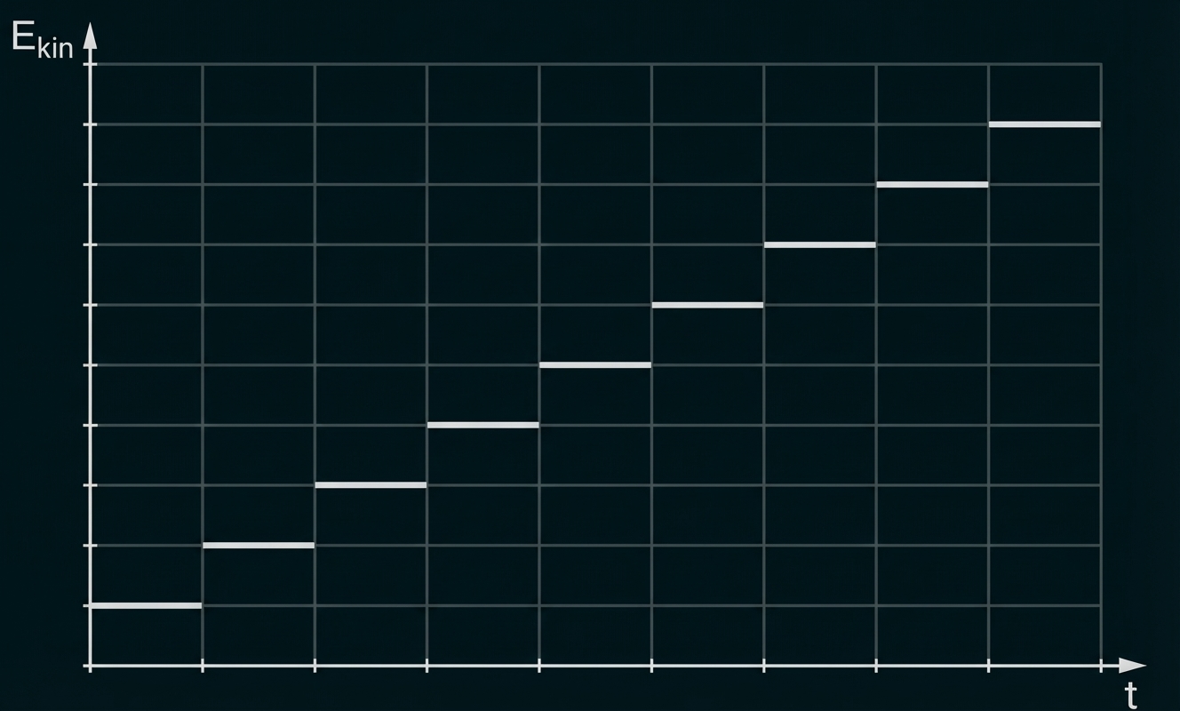 Diagramm: stufenweise ansteigende kinetische Energie (E_kin) über der Zeit, horizontale Balken.