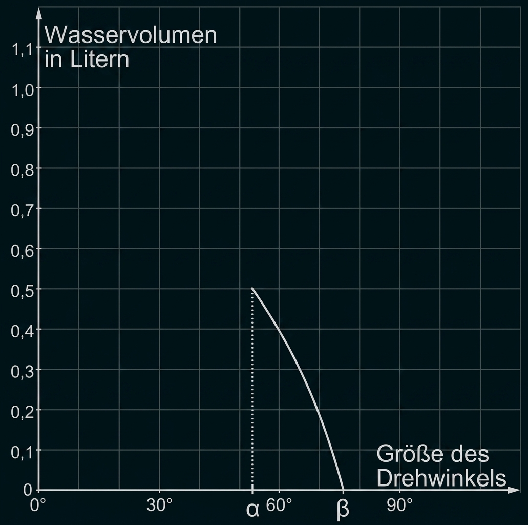 Diagramm mit abfallender Kurve: Wasservolumen (Liter) gegen Drehwinkel, Markierungen α und β.