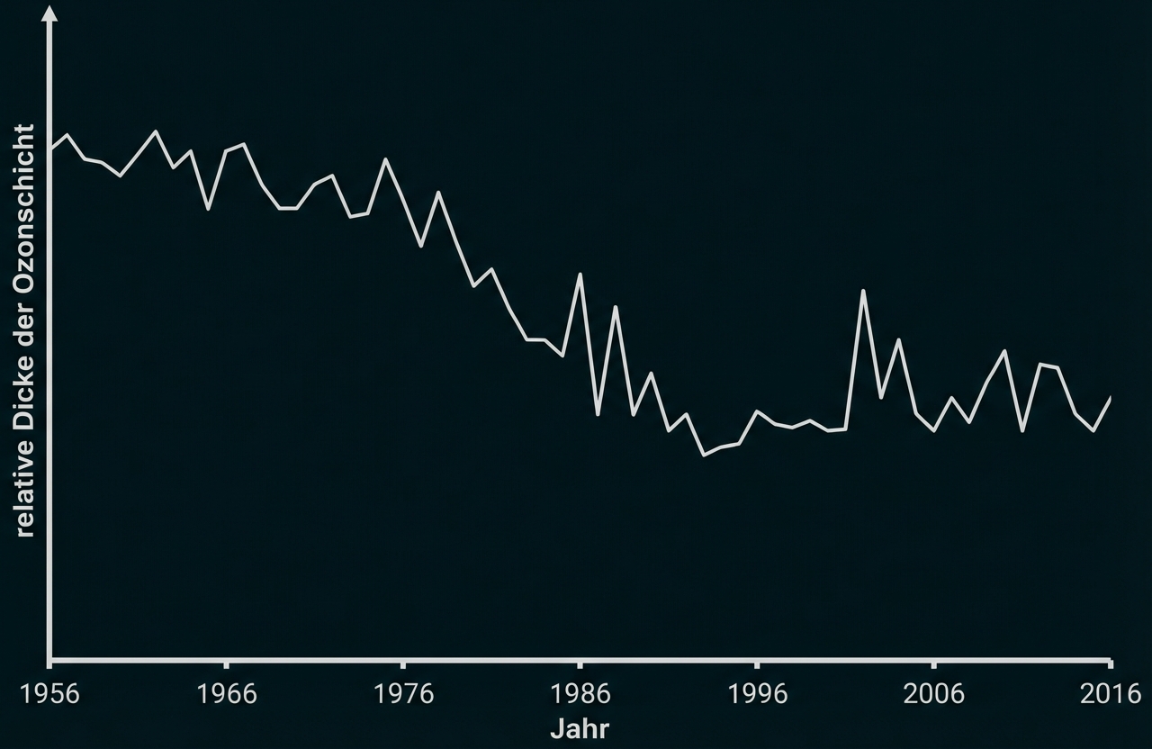Liniendiagramm der relativen Ozonschichtdicke 1956–2016, abnehmender Trend mit Schwankungen.