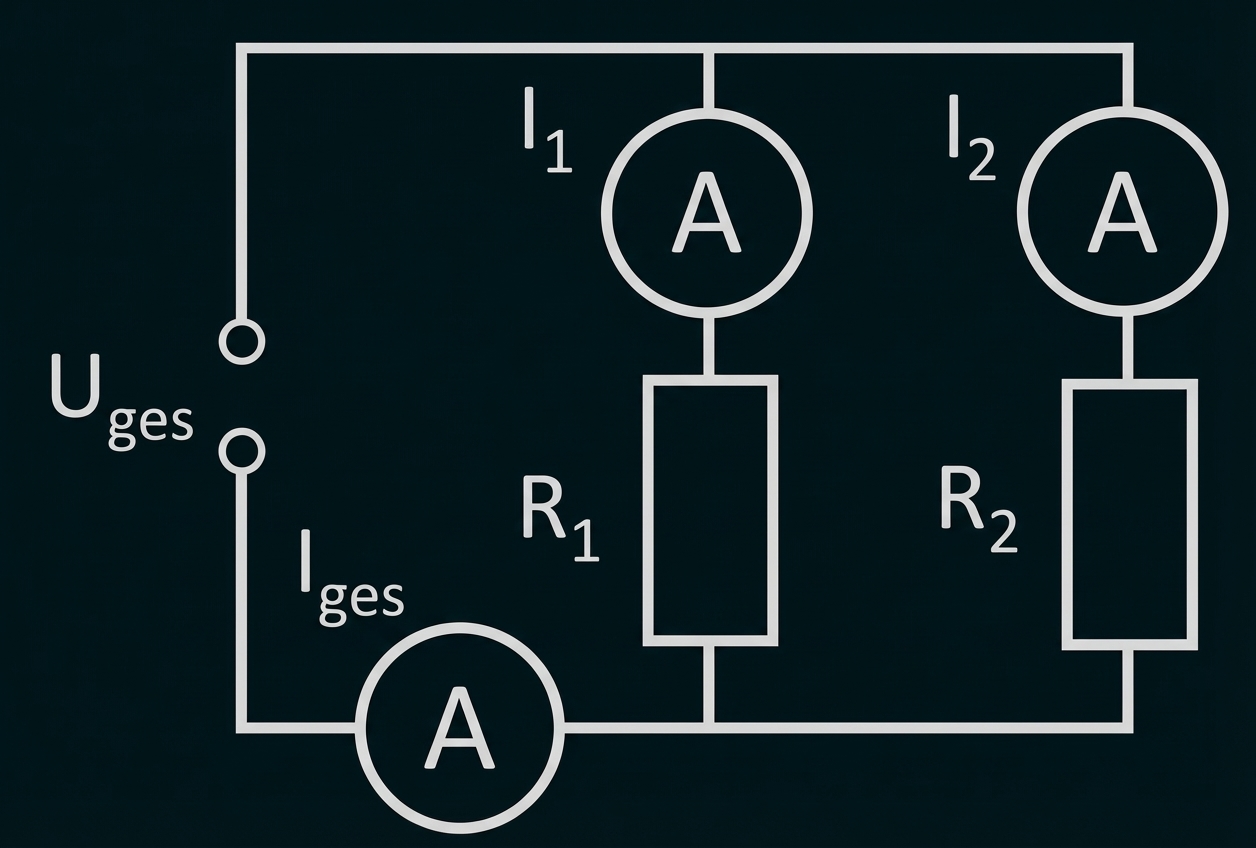 Schaltplan mit zwei Widerständen (R1, R2) und drei Amperemeter, Beschriftungen Uges, Iges, I1, I2