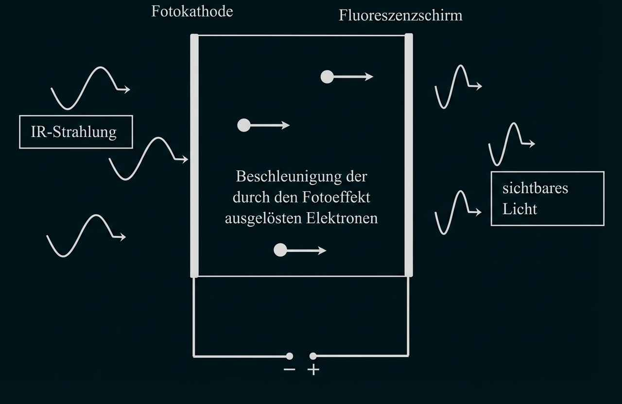 Schematische Skizze: IR-Strahlung trifft Fotokathode, Elektronen werden beschleunigt und erzeugen sichtbares Licht am Fluoreszenzschirm.