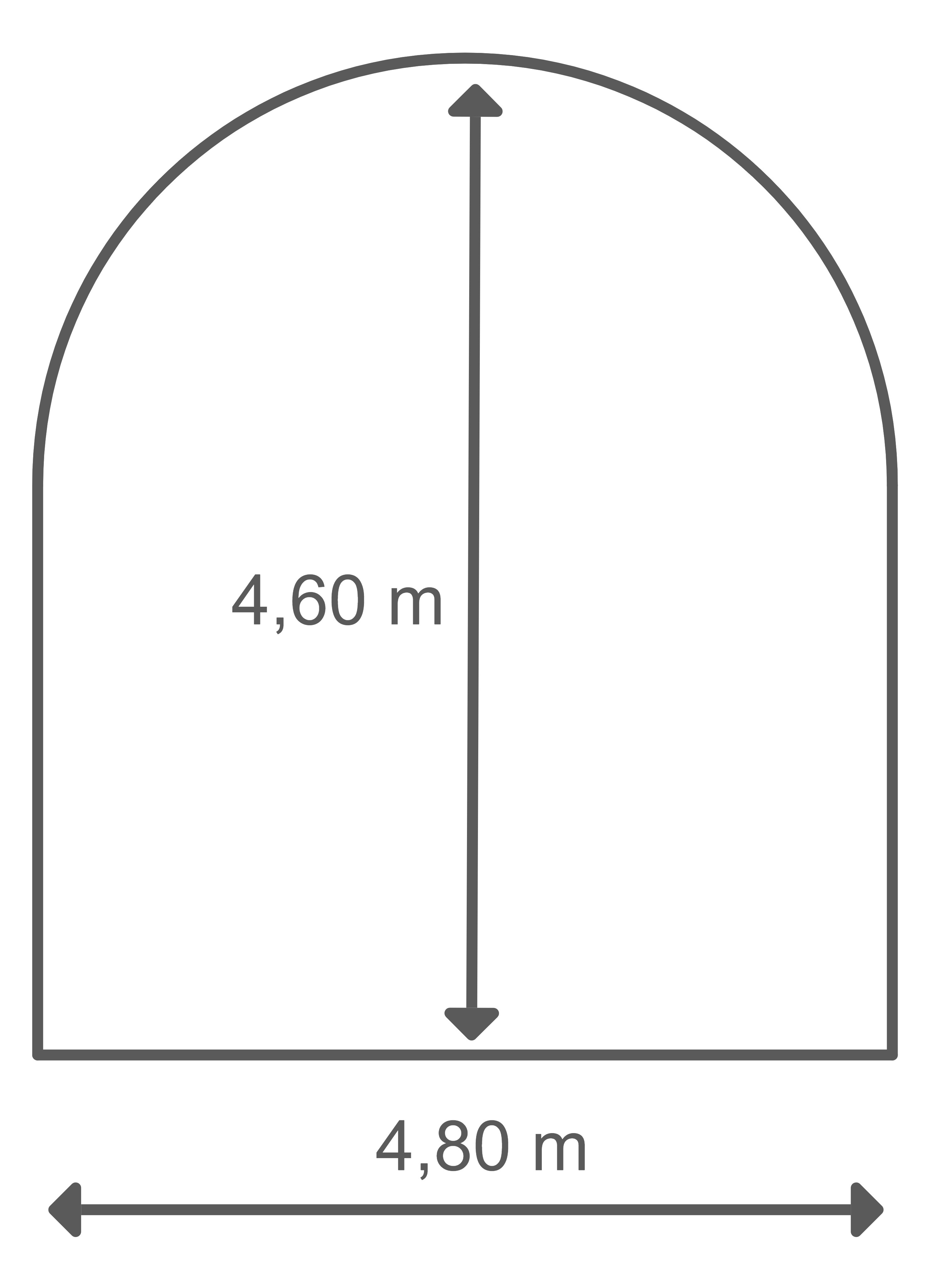 Skizze: Rechteck mit abgerundetem oberen Ende, Breite 4,80 m, Höhe 4,60 m.