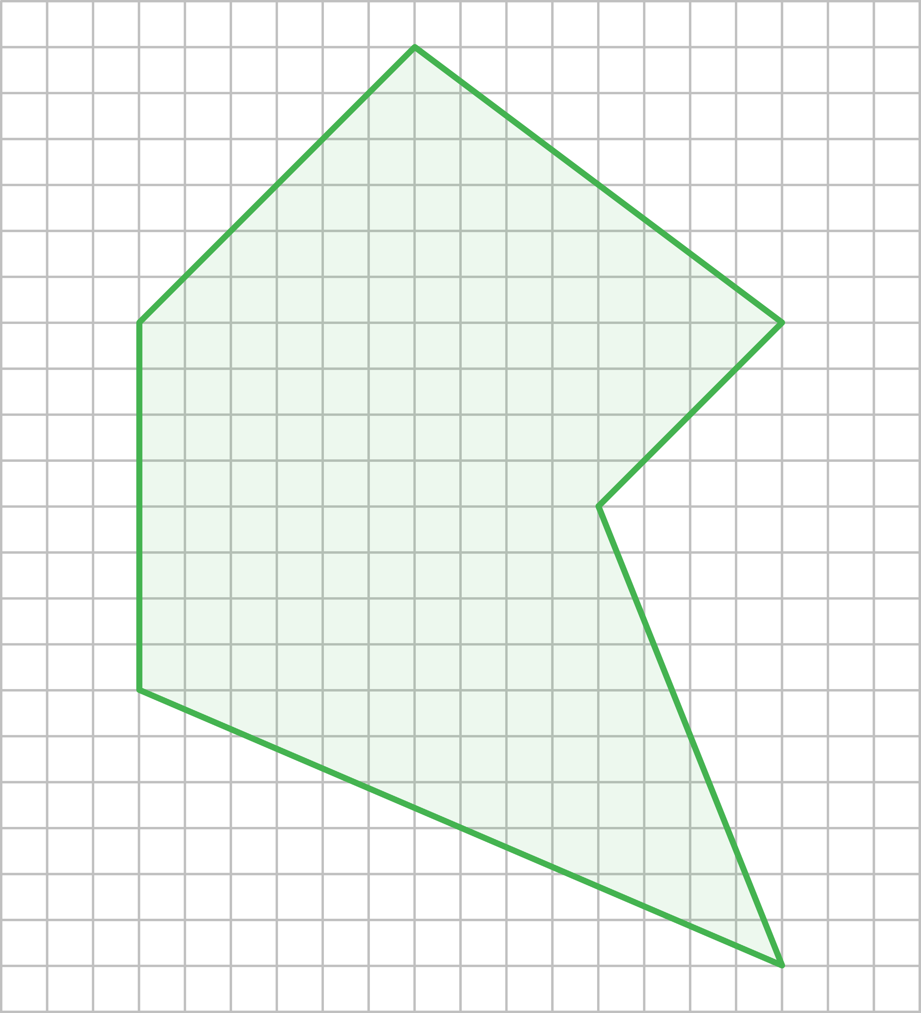 Geometrische Figur in einem Gittermuster, umrandet von einer grünen Linie.