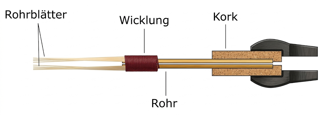 Beschriftete Illustration eines Blasinstrument-Mundstücks mit Rohrblättern, Wicklung, Rohr und Kork.