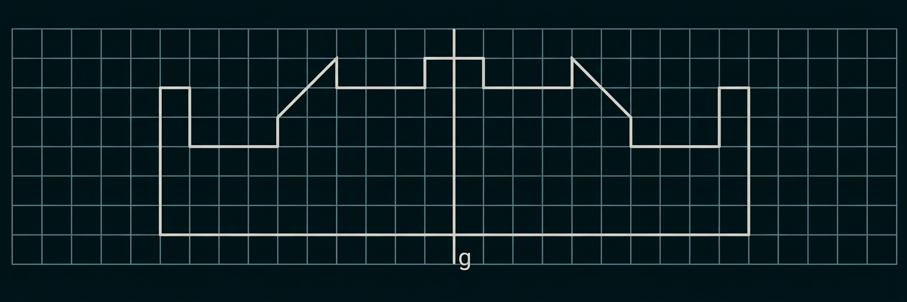 Symmetrische geometrische Figur auf kariertem Raster mit eingezeichneter Symmetrieachse g.