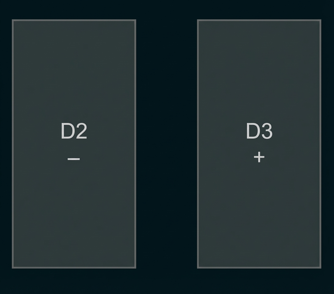 Zwei Rechtecke nebeneinander, links D2 mit Minus, rechts D3 mit Plus.