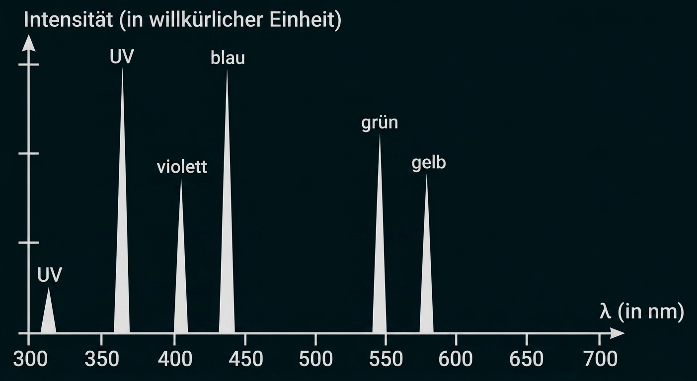 Diagramm: Intensität vs. Wellenlänge mit Peaks bei UV, violett, blau, grün und gelb.