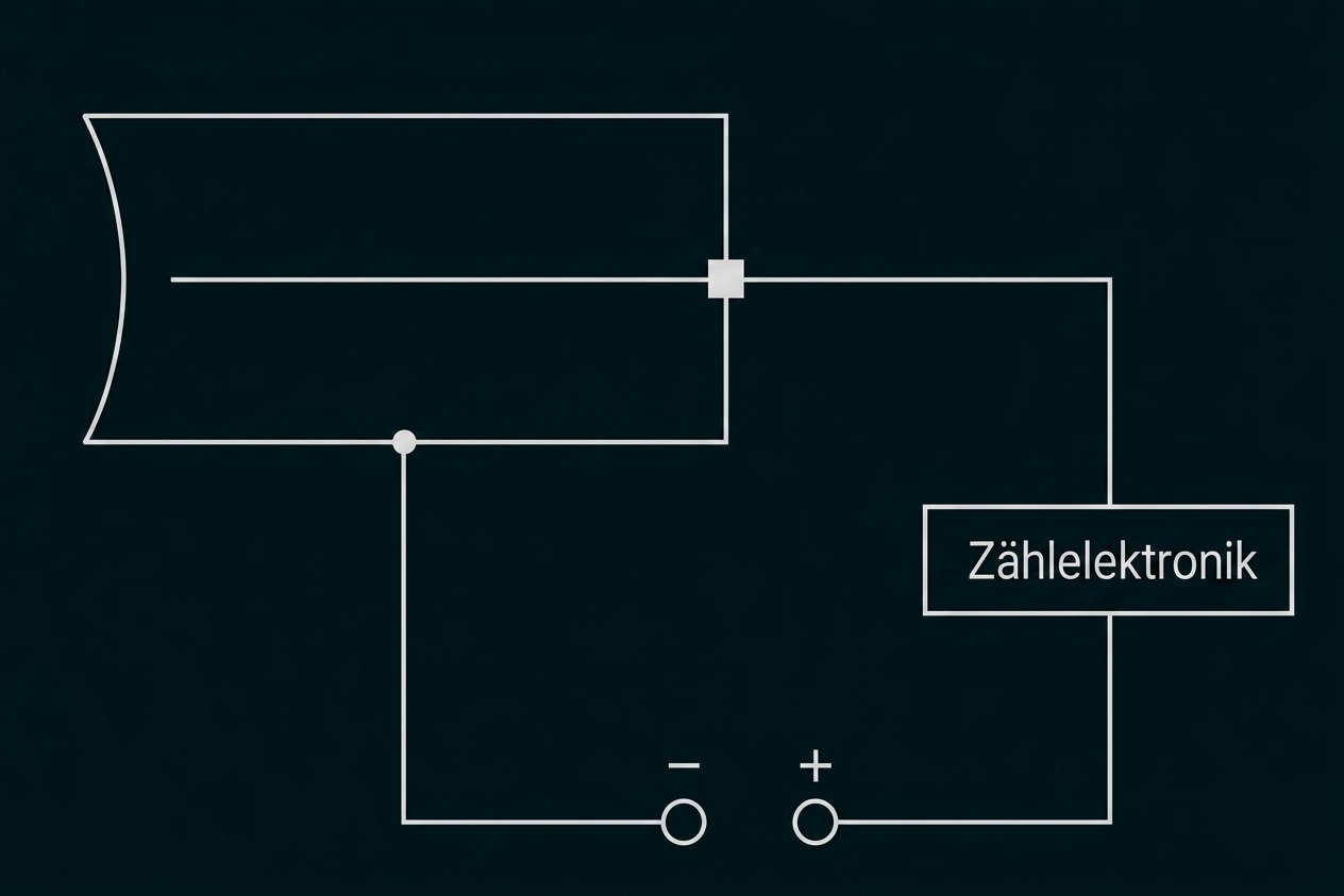 Schematische Darstellung eines Sensors mit Anschluss an Zählelektronik und Plus- und Minus-Terminals