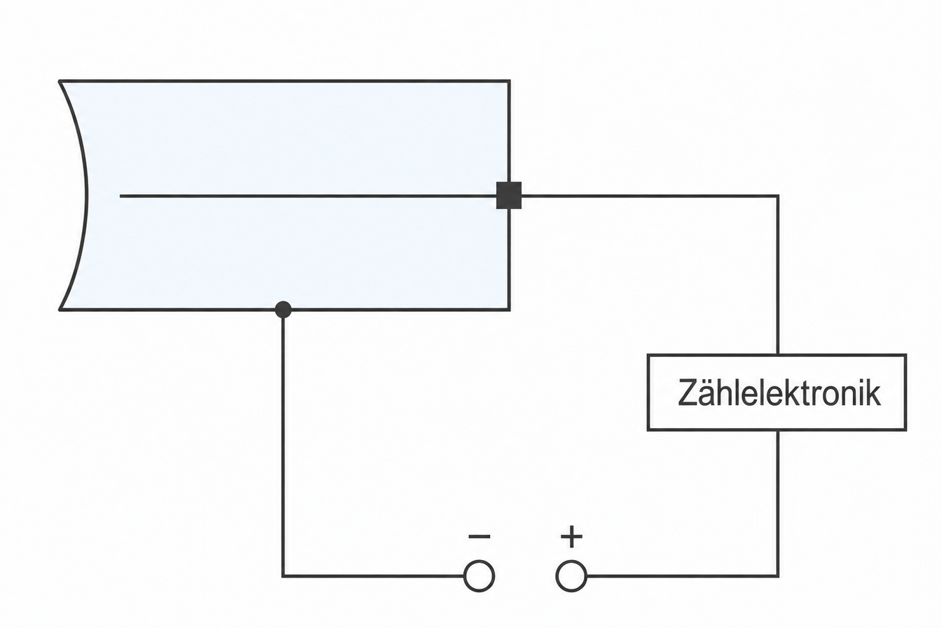 Schematische Darstellung eines Sensors mit Anschluss an Zählelektronik und Plus- und Minus-Terminals