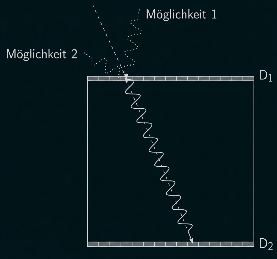 Skizze mit Lichtstrahlen und den Bezeichnungen Möglichkeit 1, Möglichkeit 2, D1 und D2.