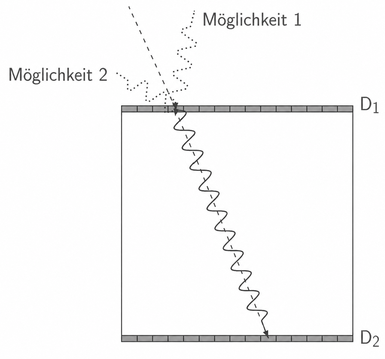 Skizze mit Lichtstrahlen und den Bezeichnungen Möglichkeit 1, Möglichkeit 2, D1 und D2.