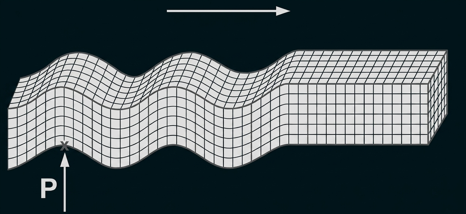 Gewellter 3D-Gitterblock, links markierter Punkt mit Aufwärtspfeil P, oben ein Pfeil zeigt nach rechts