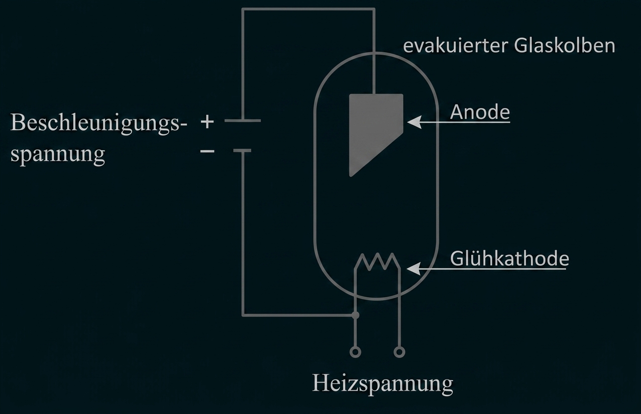 Schematische Vakuumröhre mit evakuiertem Glasgehäuse, Glühkathode, Anode, Beschleunigungs- und Heizspannung.